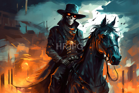 High Resolution: Eerie skeletal cowboy with glowing red eyes rides a dark horse through fiery ruins wearing black clothing and a hat against a turbulent blue-gray sky download. | HRJPG.com