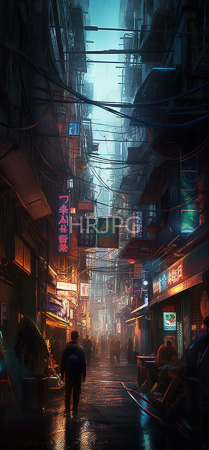 High Resolution: Atmospheric neon-lit alleyway in an East Asian style features wet cobblestone streets reflecting colorful signs and lights from crowded shops download. | HRJPG.com