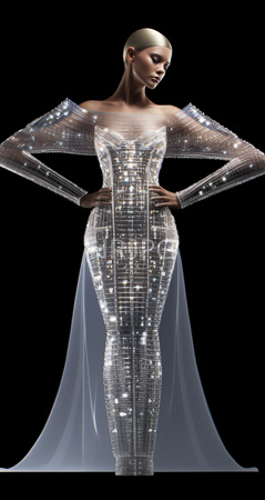 High Resolution: Elegant slender figure in a floor-length silver sequined gown features off-the-shoulder sleeves adorned with sparkling crystals download. | HRJPG.com