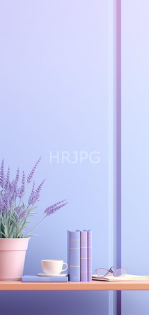 High Resolution: Minimalist pastel-themed decor on a wooden shelf includes a lavender potted plant a white cup and saucer and two stacked blue books download. | HRJPG.com