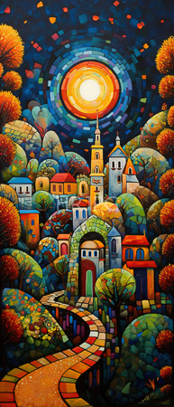 High Resolution: Intricately detailed colorful whimsical village under a vibrant sunset sky is composed of mosaic-like patterns and brightly colored houses download. | HRJPG.com