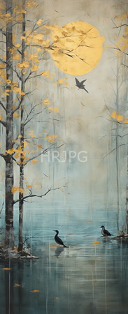High Resolution: Ethereal impressionistic painting depicts two black birds standing in calm water near slender birch trees with yellow leaves under a large golden sun download. | HRJPG.com