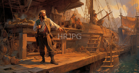 High Resolution: Rugged bearded figure stands on a wooden dock beside a ship at sunset wearing tattered clothing and pointing forward holding onto a rope download. | HRJPG.com