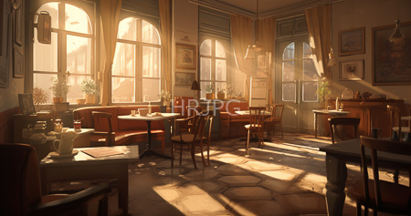 High Resolution: Antique sunlit dining room features large arched windows casting warm light on a hexagonal-patterned floor with wooden chairs and small tables download. | HRJPG.com