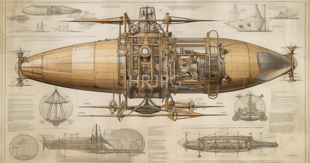 High Resolution: Intricate drawing in a vintage style depicts various early airships and zeppelins with technical illustrations showing exposed complex internal machinery download. | HRJPG.com