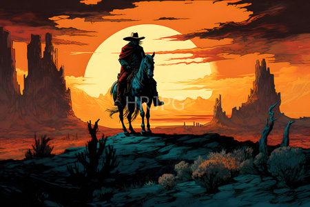 High Resolution: Isolated figure in silhouette wears a hat and red cloak riding horseback on rocky terrain at sunset with jagged rock formations under vibrant orange skies download. | HRJPG.com