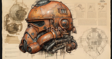 High Resolution: Detailed drawing of an orange rusted helmet with mechanical components and tubes on its lower half against beige technical pencil sketches download. | HRJPG.com