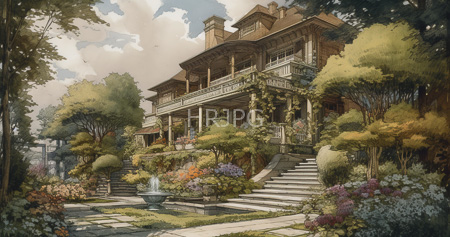 High Resolution: Intricate detailed painting of a grand Victorian-style mansion with ornate wooden balconies and columns entirely covered in thick ivy download. | HRJPG.com