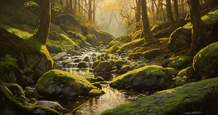 High Resolution: Enchanting forest stream is bathed in golden sunlight filtering through autumn trees with sparse yellow leaves and moss-covered rocks download. | HRJPG.com