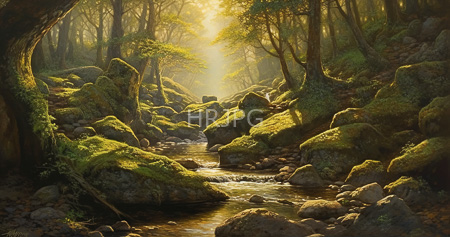 High Resolution: Enchanting forest stream is bathed in golden sunlight filtering through tall green trees and moss-covered rocks with gentle water flow download. | HRJPG.com