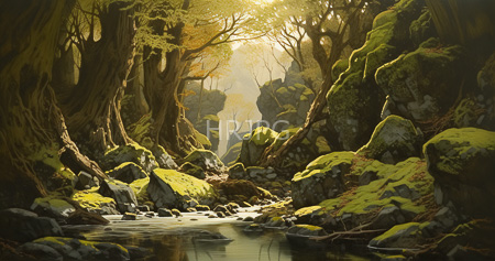 High Resolution: Enchanted forest features sunlight filtering through dense trees gnarled roots and moss-covered rocks surrounding a tranquil stream reflecting light download. | HRJPG.com