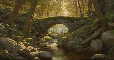 High Resolution: Detailed realistic painting depicts an ancient stone arch bridge over a serene forest stream at sunset with two small figures near the water download. | HRJPG.com