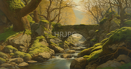 High Resolution: Enchanting forest scene features moss-covered rocks a cascading stream under an arch bridge with sunlight filtering through autumnal trees download. | HRJPG.com