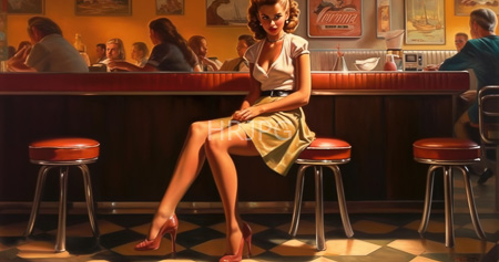 High Resolution: Elegant figure with curled hair and red lipstick sits on a brown leather bar stool in front of three others at a retro-style diner counter download. | HRJPG.com