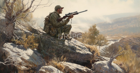 High Resolution: Alert soldier in camouflage gear crouches on rocky terrain with sparse vegetation holding a rifle aimed forward under bright sunlight download. | HRJPG.com