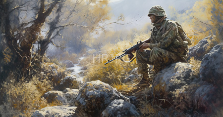 High Resolution: Alert soldier in camouflage uniform and helmet sits on rocky terrain with autumn foliage holding a rifle with sunlight dappling through trees download. | HRJPG.com