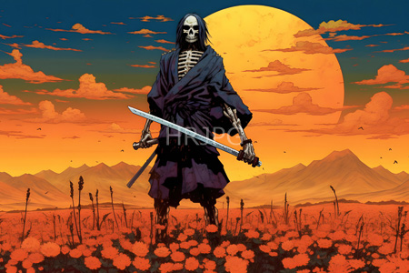 High Resolution: Undead skeletal warrior with long black hair wears tattered purple robes holding two swords in front of vibrant orange poppy fields under a large yellow sun download. | HRJPG.com