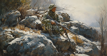 High Resolution: Armed soldier in green camouflage uniform and helmet crouches on rocky terrain holding a rifle at the ready position scanning ahead intently download. | HRJPG.com