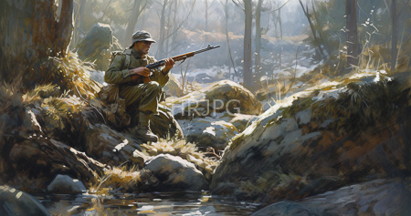 High Resolution: World War II soldier in olive green uniform and helmet crouches by a forest stream with snow patches holding a rifle scanning his surroundings download. | HRJPG.com