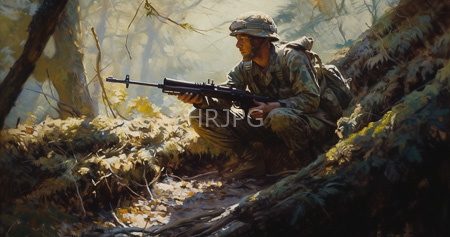 High Resolution: Alert soldier in camouflage uniform and helmet crouches on forest ground holding a rifle aimed forward through sunlight filtering trees download. | HRJPG.com