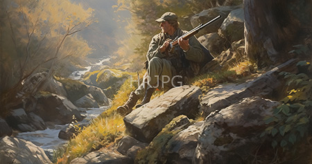 High Resolution: Older figure with a gray beard and military-style clothing sits on rocky terrain by a flowing stream holding a rifle across his lap gazing into the distance download. | HRJPG.com