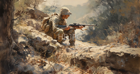 High Resolution: Armed soldier in beige camouflage gear and helmet crouches on rocky terrain holding a rifle aimed forward through dense foliage download. | HRJPG.com