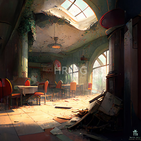 High Resolution: Abandoned sunlit diner with peeling green paint and broken ceiling tiles red chairs surround dusty tables near large arched windows download. | HRJPG.com