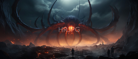 High Resolution: Enormous menacing spider-like creature with glowing red eyes and a fiery orange abdomen stands on rocky terrain under dark clouds at sunset download. | HRJPG.com