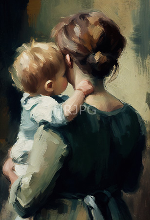 High Resolution: Mother figure with brown hair holding her blonde-haired baby against her cheek for affectionate nuzzling conveyed through soft impressionistic brushstrokes download. | HRJPG.com