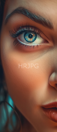 High Resolution: Close-up focus on a striking blue eye with intricate golden iris patterns and long eyelashes against a smooth skin tone and dark background download. | HRJPG.com