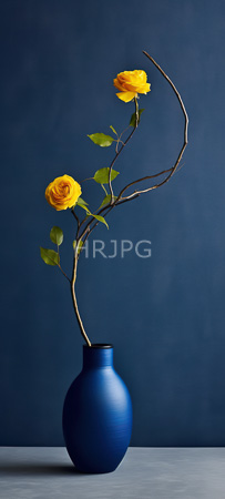 High Resolution: Minimalist still life features three vibrant yellow roses in an elegant blue ceramic vase with a smooth matte finish against a dark navy-blue background download. | HRJPG.com