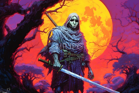 High Resolution: Eerie hooded figure with pale skin and dark eyes holds a sword against a vivid sunset background featuring a large orange celestial body behind twisted black trees download. | HRJPG.com