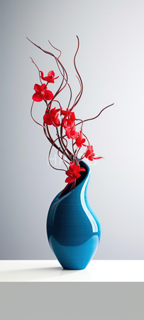 High Resolution: Elegant glossy blue ceramic vase with curved lines holds vibrant red artificial flowers and thin brown twigs against a light gray background download. | HRJPG.com