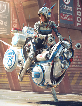 High Resolution: Anthropomorphic robot police officer rides a futuristic cybernetic motorcycle with blue and white accents against a sunlit industrial background with Japanese text signs download. | HRJPG.com