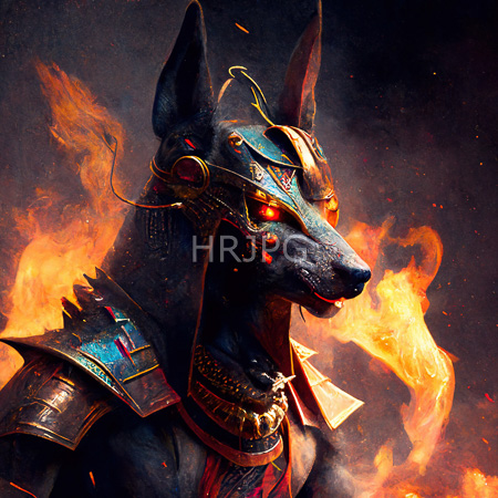 High Resolution: Anthropomorphic Anubis-like figure with dark sleek fur and large pointed ears wears ancient Egyptian-style armor with glowing orange eyes surrounded by fiery flames download. | HRJPG.com