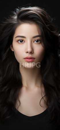 High Resolution: Photorealistic figure with long wavy black hair and fair skin against a dark background features soft brown eyes full pink lips and a simple black top download. | HRJPG.com