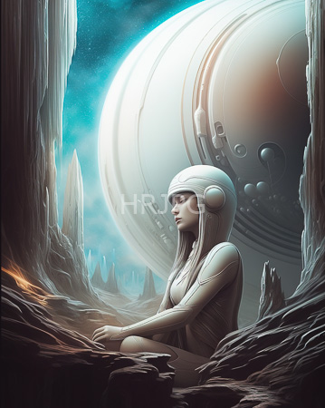 High Resolution: Ethereal futuristic scene features a serene figure in white sci-fi armor and helmet sitting cross-legged on rocky terrain under towering cliffs near a large cylindrical spaceship download. | HRJPG.com