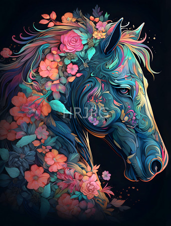 High Resolution: Intricately detailed colorful horse's head is adorned with vibrant flowers and leaves in shades of pink orange teal blue against a dark background download. | HRJPG.com