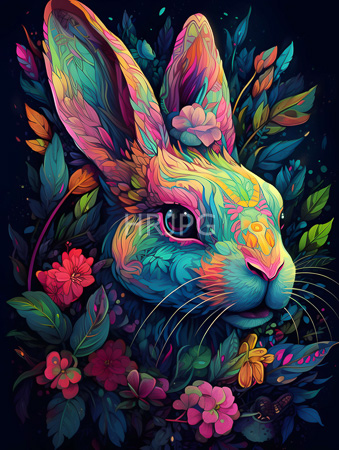 High Resolution: Intricately detailed multicolored lagomorph with vibrant pink and green ears is surrounded by lush foliage featuring red flowers against a dark blue background download. | HRJPG.com