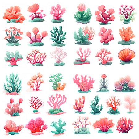 High Resolution: Array of colorful coral species arranged in neat rows each island-like base supports different corals with vibrant hues including pink orange green and red shades download. | HRJPG.com