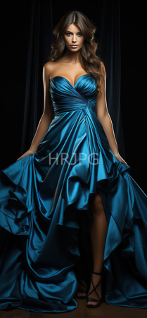 High Resolution: Attractive young woman with long wavy brown hair stands against black velvet curtains wearing a strapless blue satin gown with intricate pleating and flowing skirts download. | HRJPG.com