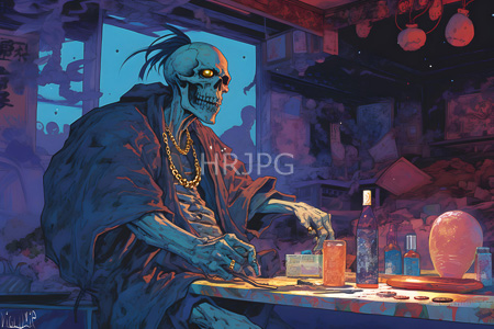 High Resolution: Eerie skeletal humanoid with glowing yellow eyes and blue skin sits at a cluttered kitchen table under dim lighting wearing a tattered dark cloak download. | HRJPG.com