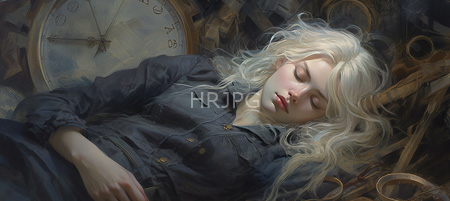 High Resolution: Ethereal pale-skinned woman with long platinum blonde hair sleeps against a large clock face in dark tones wearing a black buttoned shirt with closed eyes download. | HRJPG.com