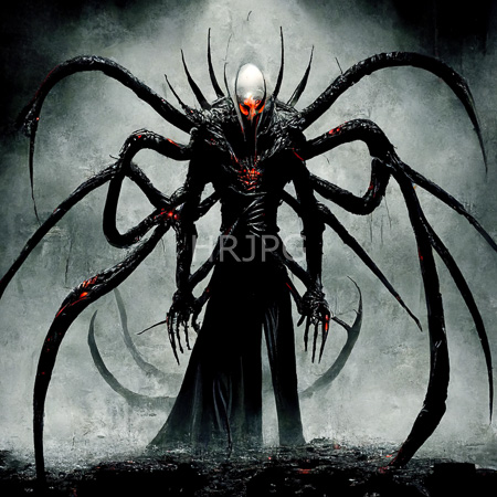 High Resolution: Eerie monstrous creature with multiple black tentacle-like arms and sharp claws and a white skull with glowing red eyes covered by dark armor plating download. | HRJPG.com