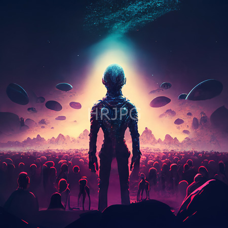 High Resolution: Alien figure with intricate textured armor stands at center stage in front of a vast crowd under neon purple and pink lighting with floating starships download. | HRJPG.com