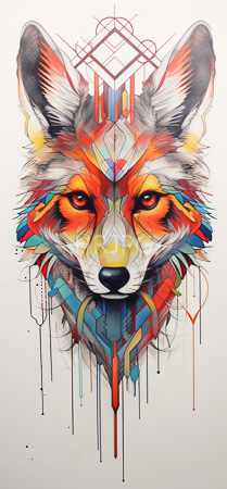 High Resolution: Drawing of an anthropomorphic canid head featuring vibrant reds oranges yellows and blues with geometric patterns overlaying its fur-like texture download. | HRJPG.com