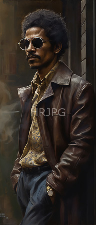High Resolution: Figure with dark skin and afro hairstyle wears round sunglasses a brown leather jacket over a patterned gold shirt standing against a brick wall exhaling smoke download. | HRJPG.com