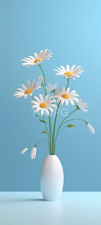 High Resolution: Elegant minimalist still life features six white daisies with yellow centers in slender green stems inside a smooth matte-white egg-shaped vase against a light blue background download. | HRJPG.com