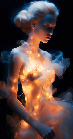 High Resolution: Ethereal fair-skinned figure with blonde hair is partially obscured by glowing orange and white smoke-like wisps that highlight contours against a dark background download. | HRJPG.com