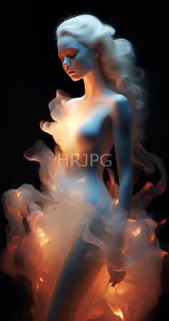 High Resolution: Ethereal nude figure with pale blue skin and flowing white hair stands gracefully amidst swirling orange smoke that partially obscures the lower body download. | HRJPG.com